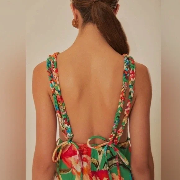 Farm Rio Green Tropicart Midi Dress Tropical Floral Print Braided Straps Large - Picture 4 of 9